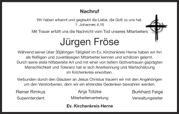Traueranzeige von Jürgen Fröse von Ruhr Nachrichten