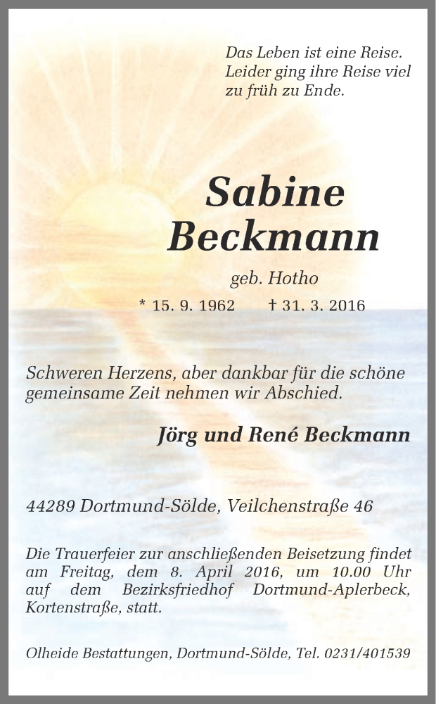  Traueranzeige für Sabine Beckmann vom 05.04.2016 aus Ruhr Nachrichten