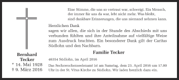 Traueranzeige von Bernhard Tecker von Münstersche Zeitung und Münsterland Zeitung