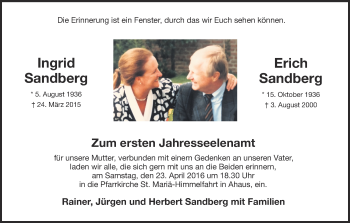 Traueranzeige von Ingrid und Erich Sandberg von Münstersche Zeitung und Münsterland Zeitung