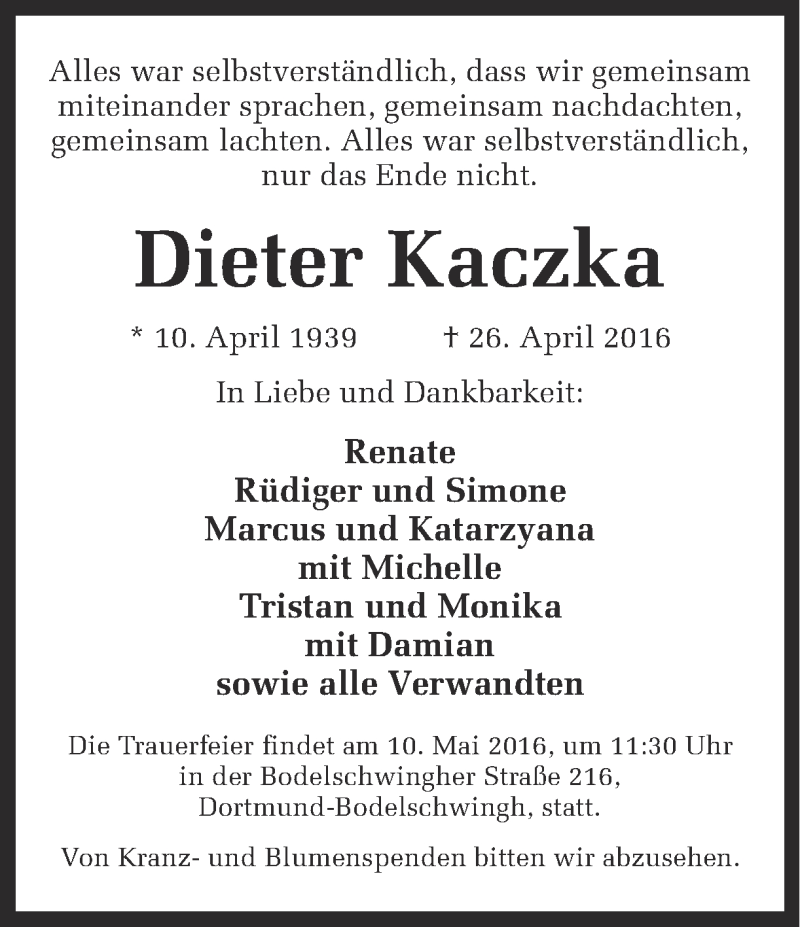  Traueranzeige für Dieter Kaczka vom 30.04.2016 aus Ruhr Nachrichten