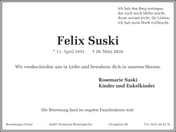 Traueranzeige von Felix Suski von Ruhr Nachrichten