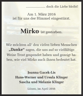 Traueranzeige von Mirko Klinger von Ruhr Nachrichten