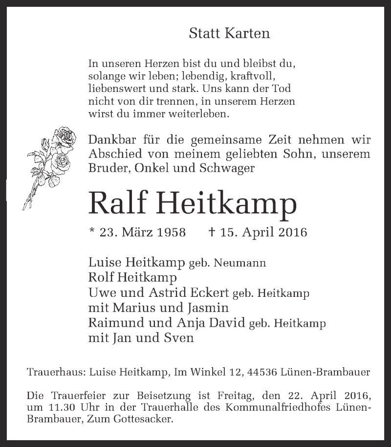  Traueranzeige für Ralf Heitkamp vom 20.04.2016 aus Ruhr Nachrichten