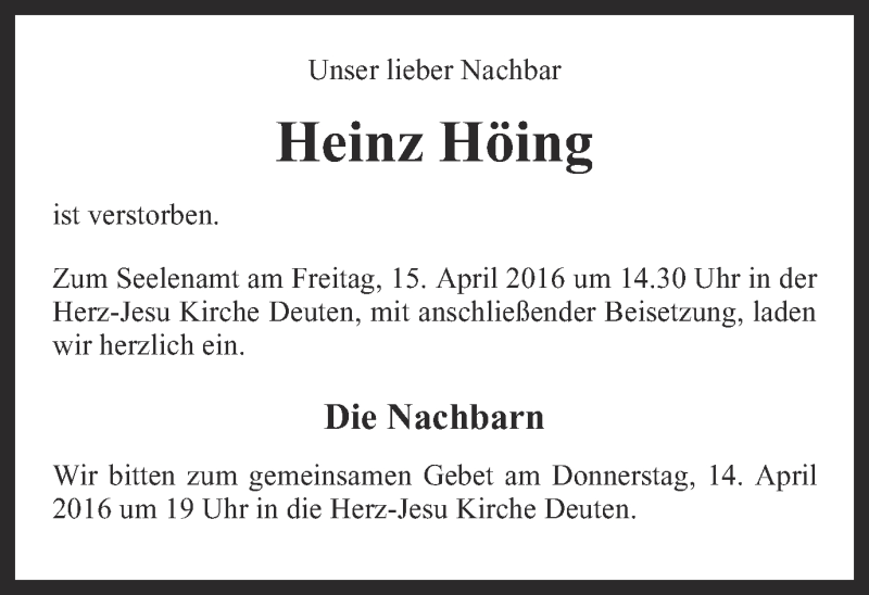  Traueranzeige für Heinz Höing vom 14.04.2016 aus Ruhr Nachrichten und Dorstener Zeitung