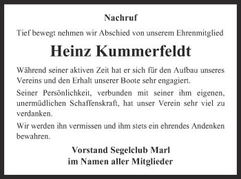Traueranzeige von Heinz Kummerfeldt von Ruhr Nachrichten und Halterner Zeitung