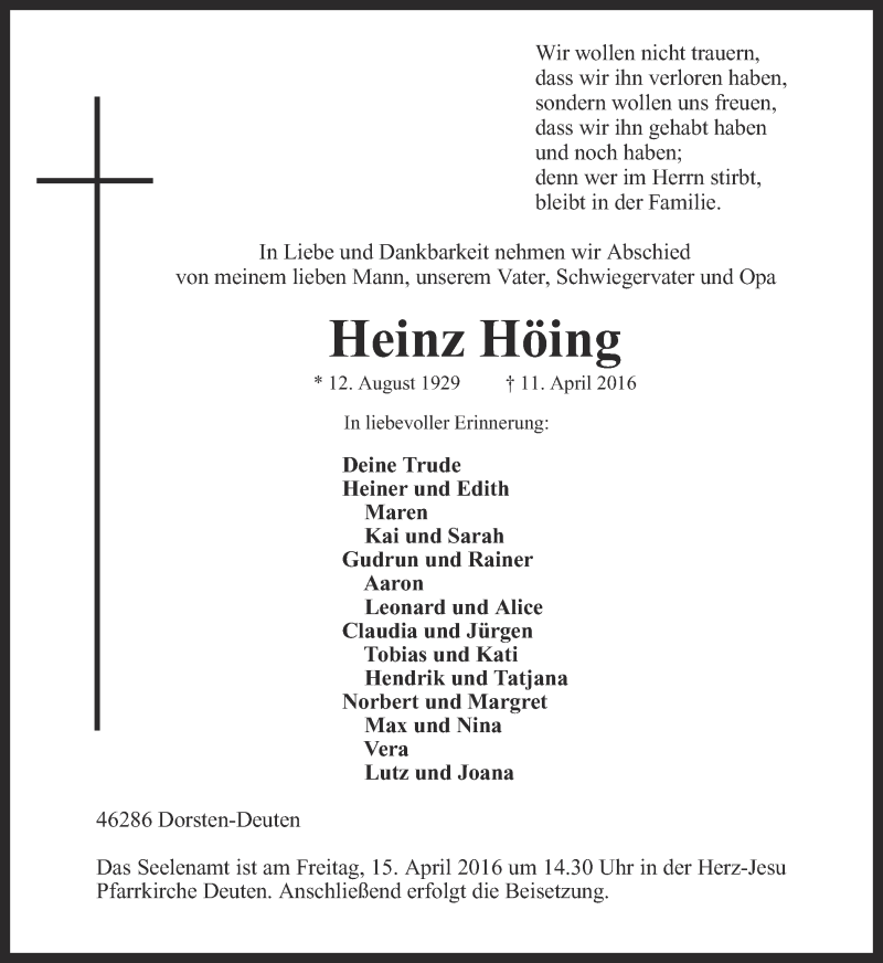  Traueranzeige für Heinz Höing vom 13.04.2016 aus Ruhr Nachrichten und Dorstener Zeitung