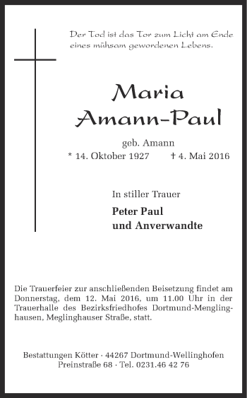 Traueranzeige von Maria Amann-Paul von Ruhr Nachrichten