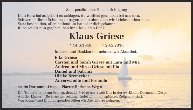  Traueranzeige für Klaus Griese vom 24.05.2016 aus Ruhr Nachrichten