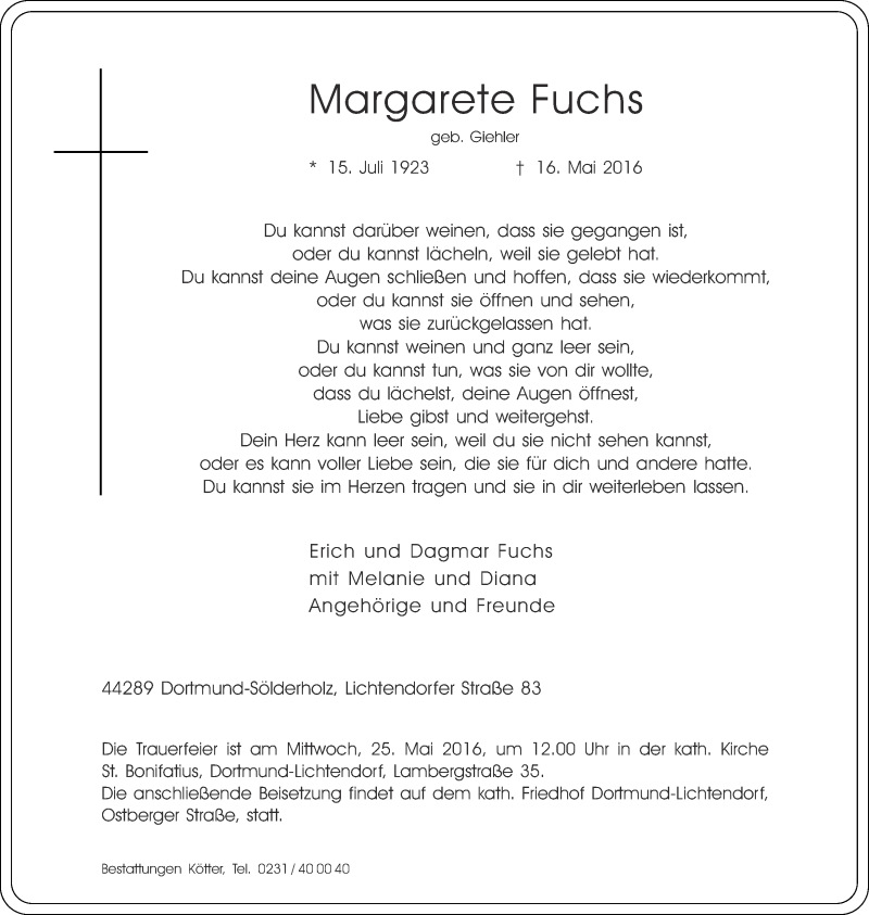 Traueranzeige für Margarete Fuchs vom 21.05.2016 aus Ruhr Nachrichten