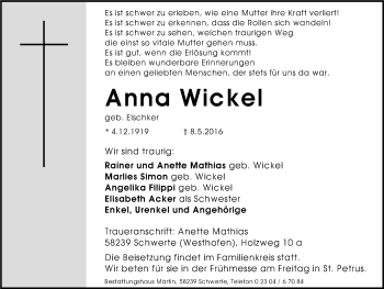 Traueranzeige von Anna Wickel von Ruhr Nachrichten