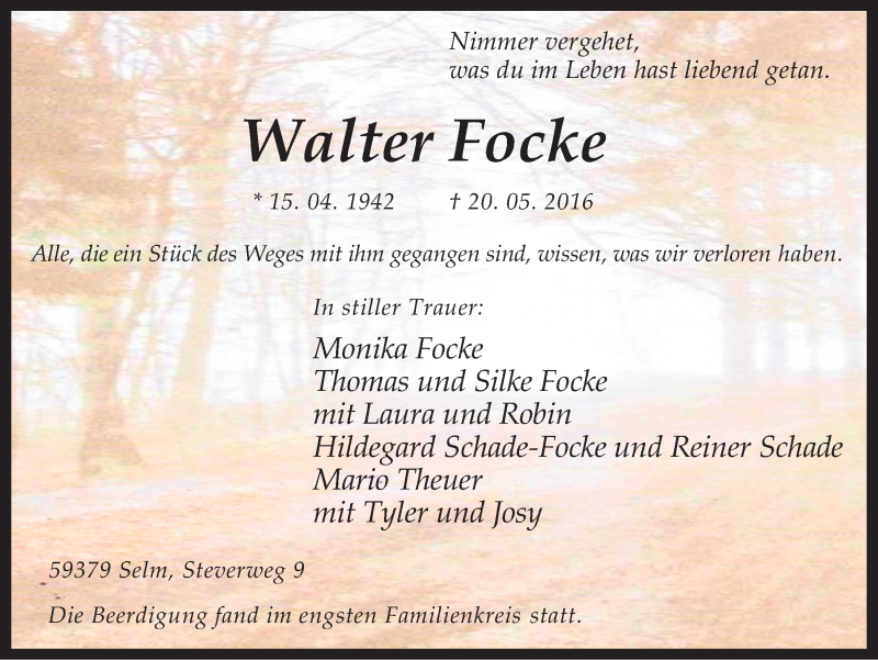  Traueranzeige für Walter Focke vom 28.05.2016 aus Ruhr Nachrichten