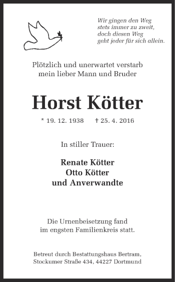 Traueranzeige von Horst Kötter von Ruhr Nachrichten