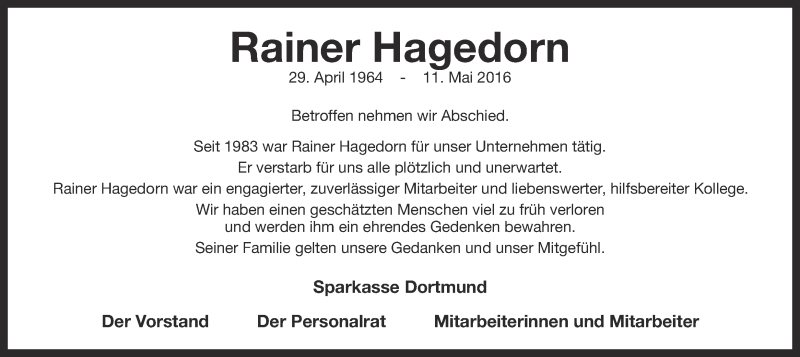  Traueranzeige für Rainer Hagedorn vom 18.05.2016 aus Ruhr Nachrichten