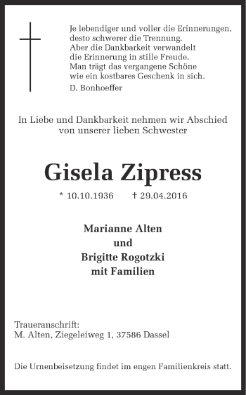 Traueranzeige von Gisela Zipress von Ruhr Nachrichten