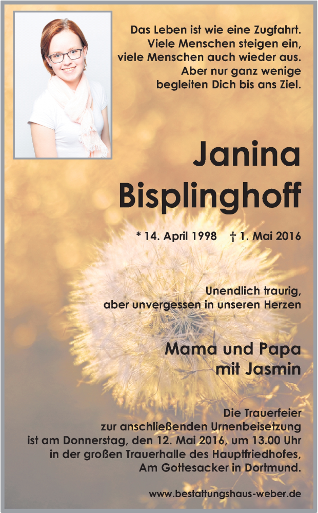  Traueranzeige für Janina Bisplinghoff vom 07.05.2016 aus Ruhr Nachrichten