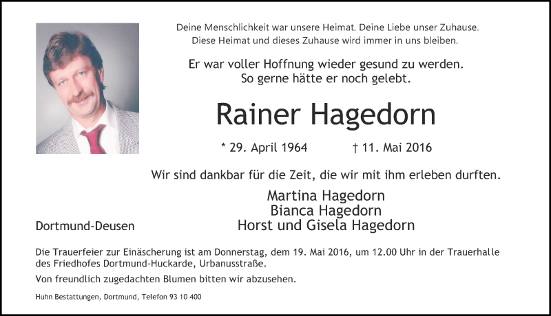  Traueranzeige für Rainer Hagedorn vom 14.05.2016 aus Ruhr Nachrichten