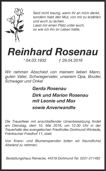 Traueranzeige von Reinhard Rosenau von Ruhr Nachrichten