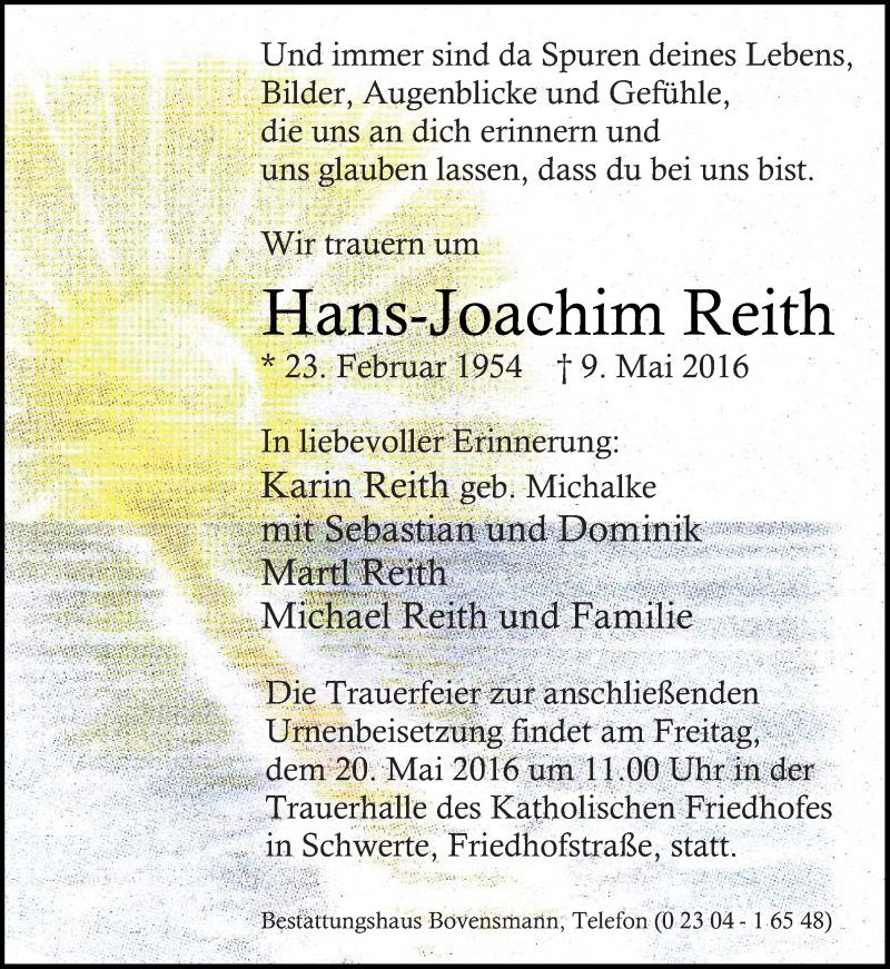  Traueranzeige für Hans-Joachim Reith vom 14.05.2016 aus Ruhr Nachrichten