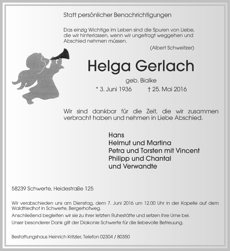  Traueranzeige für Helga Gerlach vom 28.05.2016 aus Ruhr Nachrichten