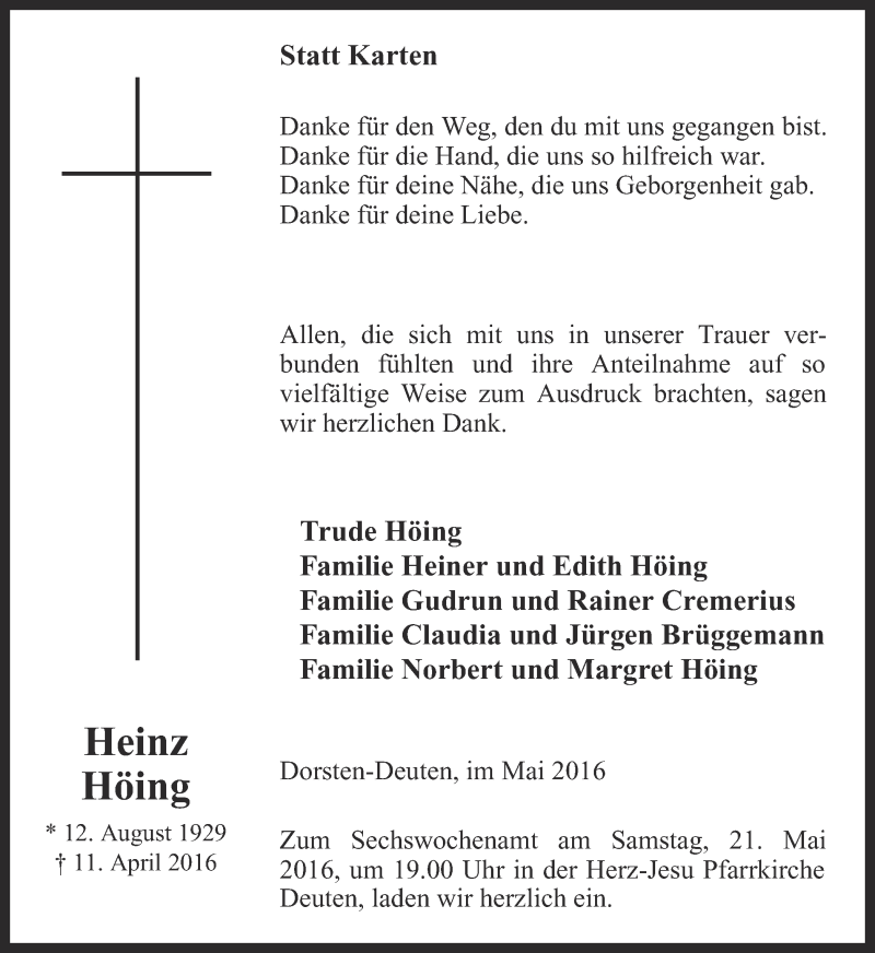  Traueranzeige für Heinz Höing vom 18.05.2016 aus Ruhr Nachrichten und Dorstener Zeitung
