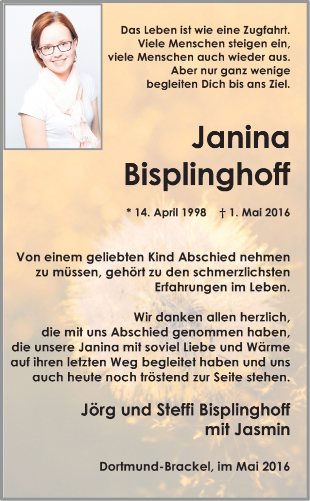  Traueranzeige für Janina Bisplinghoff vom 28.05.2016 aus Ruhr Nachrichten