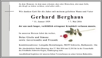 Traueranzeige von Gerhard Berghaus von Ruhr Nachrichten