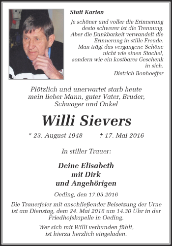 Traueranzeige von Willi Sievers von Münstersche Zeitung und Münsterland Zeitung