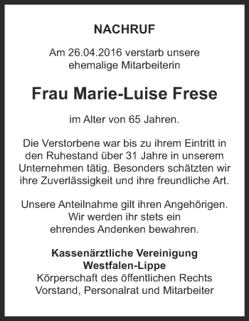 Traueranzeige von Marie-Luise Frese von Ruhr Nachrichten