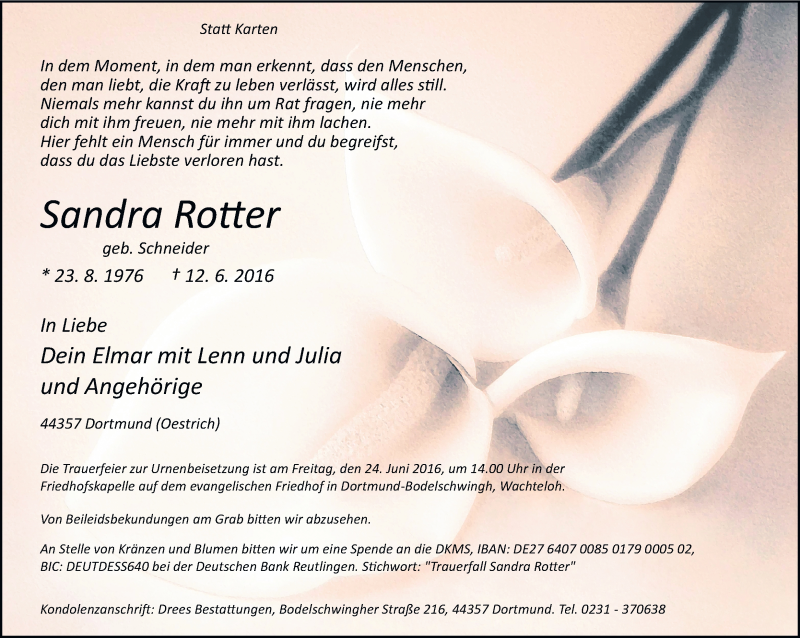  Traueranzeige für Sandra Rotter vom 18.06.2016 aus Ruhr Nachrichten
