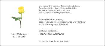Traueranzeige von Hans Malmann von Ruhr Nachrichten