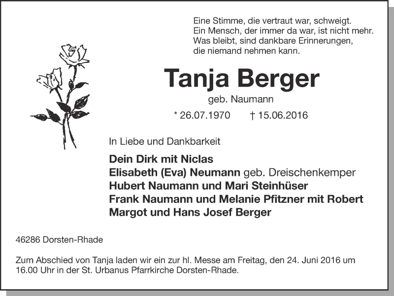  Traueranzeige für Tanja Berger vom 21.06.2016 aus Ruhr Nachrichten und Dorstener Zeitung