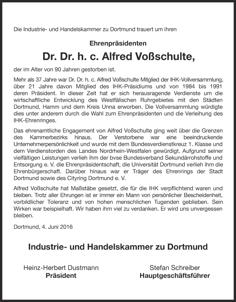  Traueranzeige für Alfred Voßschulte vom 04.06.2016 aus Ruhr Nachrichten