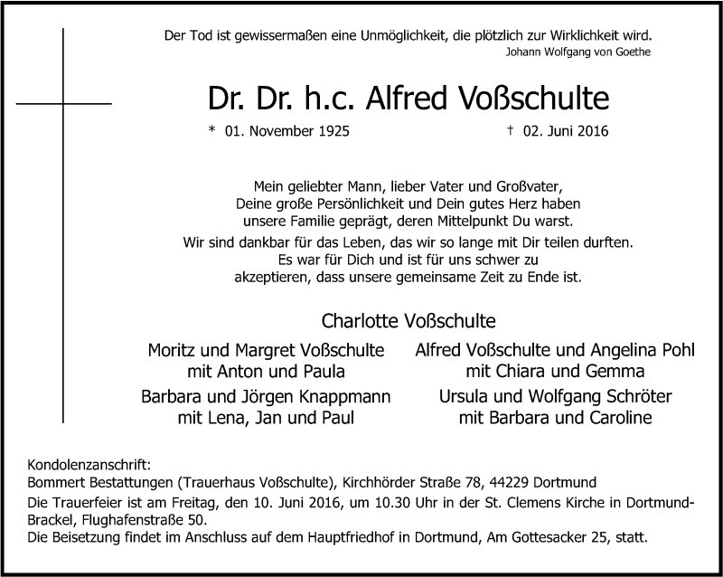  Traueranzeige für Alfred Voßschulte vom 08.06.2016 aus Ruhr Nachrichten