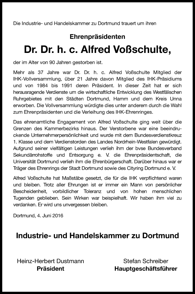  Traueranzeige für Alfred Voßschulte vom 04.06.2016 aus Ruhr Nachrichten