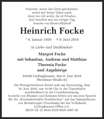 Traueranzeige von Heinrich Focke von Ruhr Nachrichten