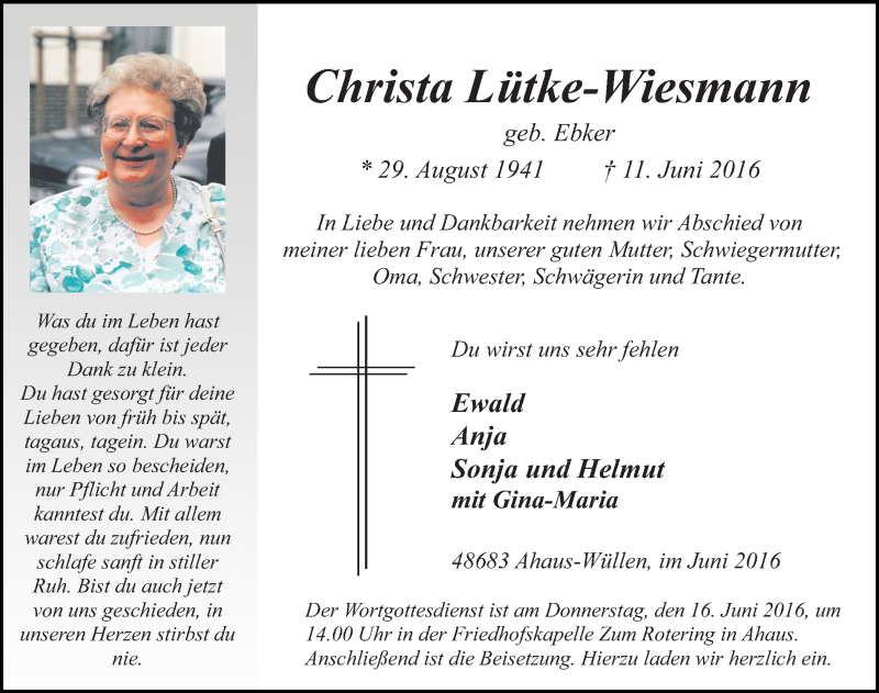  Traueranzeige für Christa Lütke-Wiesmann vom 14.06.2016 aus Münstersche Zeitung und Münsterland Zeitung