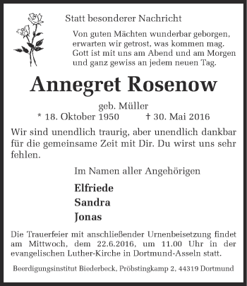 Traueranzeige von Annegret Rosenow von Ruhr Nachrichten