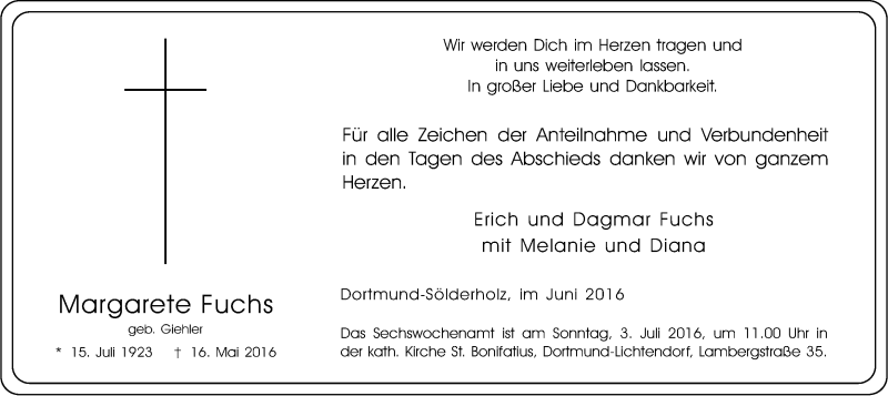  Traueranzeige für Margarete Fuchs vom 18.06.2016 aus Ruhr Nachrichten