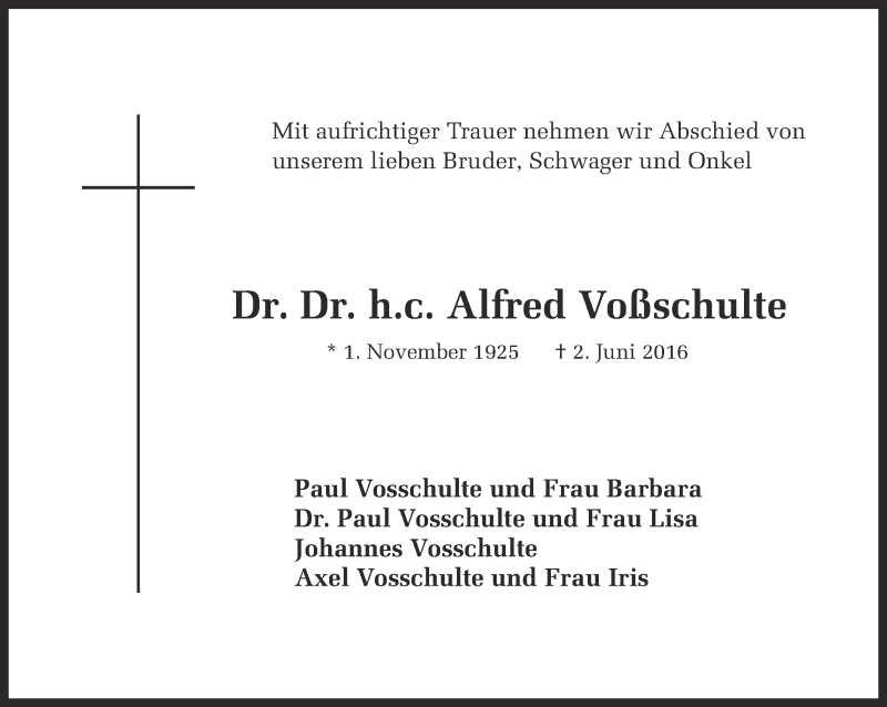  Traueranzeige für Alfred Voßschulte vom 08.06.2016 aus Ruhr Nachrichten