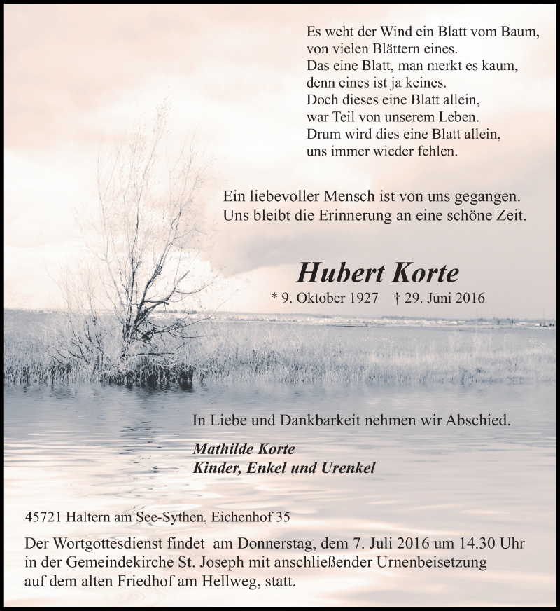  Traueranzeige für Hubert Korte vom 02.07.2016 aus Ruhr Nachrichten und Halterner Zeitung