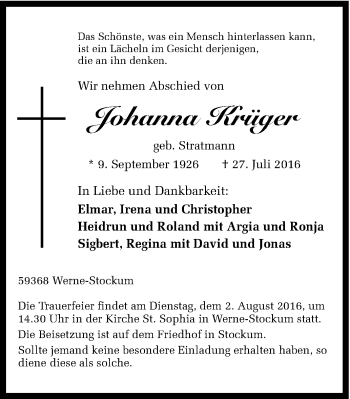 Traueranzeige von Johanna Krüger von Ruhr Nachrichten
