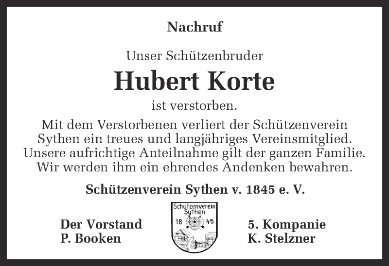  Traueranzeige für Hubert Korte vom 05.07.2016 aus Ruhr Nachrichten und Halterner Zeitung