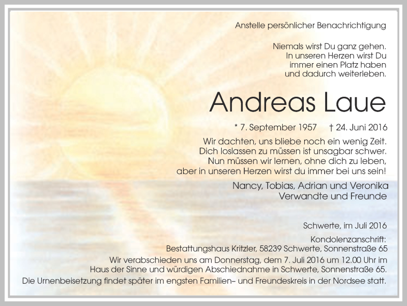  Traueranzeige für Andreas Laue vom 02.07.2016 aus Ruhr Nachrichten