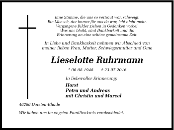 Traueranzeige von Lieselotte Ruhrmann von Ruhr Nachrichten und Dorstener Zeitung