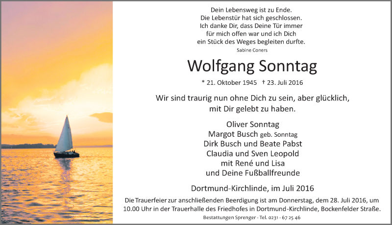  Traueranzeige für Wolfgang Sonntag vom 27.07.2016 aus Ruhr Nachrichten