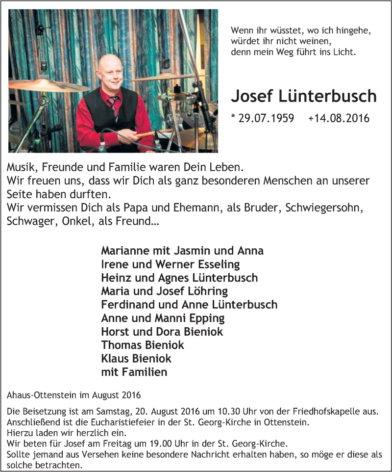  Traueranzeige für Josef Lünterbusch vom 17.08.2016 aus Münstersche Zeitung und Münsterland Zeitung