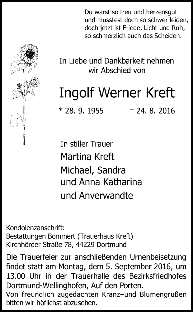  Traueranzeige für Ingolf Werner Kreft vom 31.08.2016 aus Ruhr Nachrichten