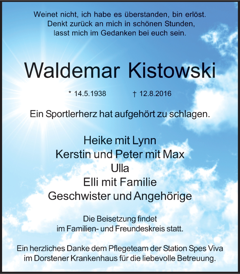  Traueranzeige für Waldemar Kistowski vom 19.08.2016 aus Ruhr Nachrichten und Dorstener Zeitung