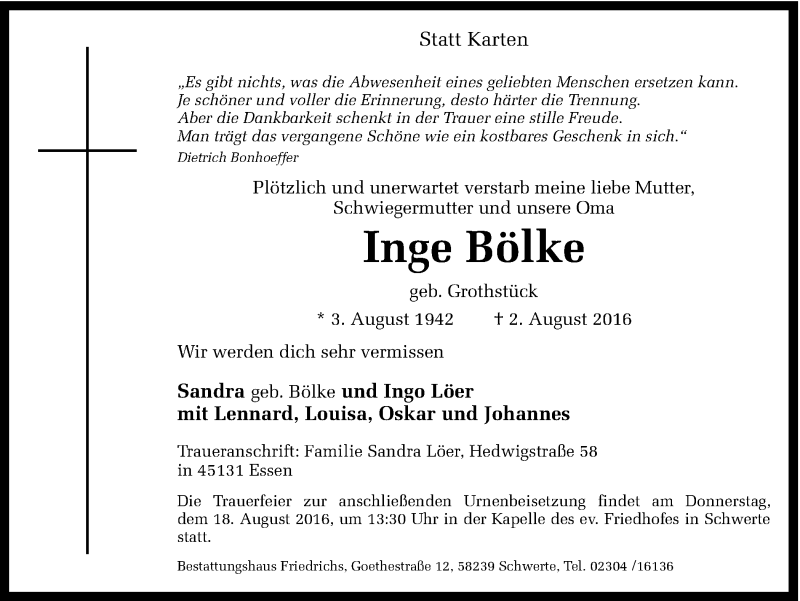  Traueranzeige für Inge Bölke vom 13.08.2016 aus Ruhr Nachrichten